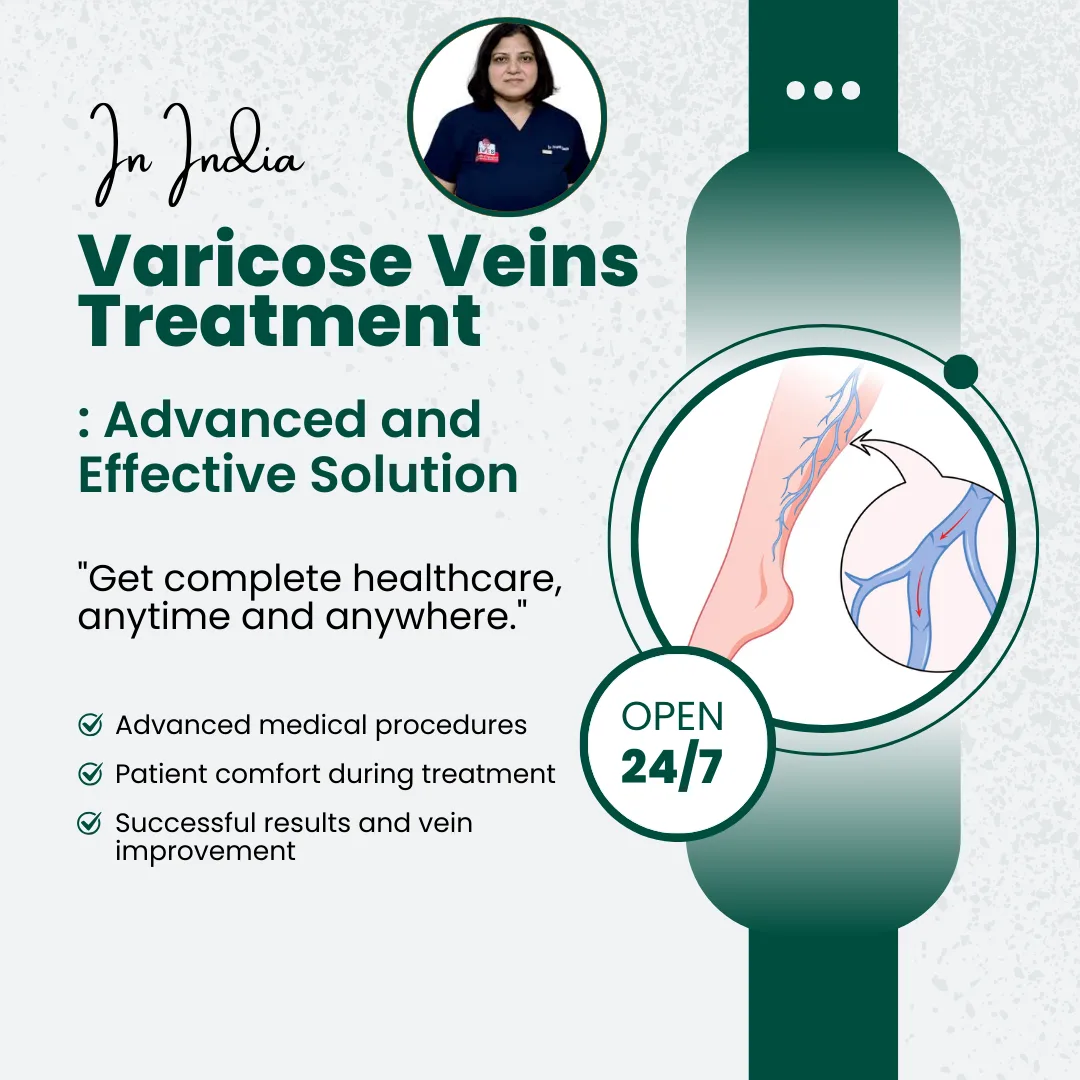 Varicose veins treatment in India banner with Dr. (Col) Pranati Swain and a diagram of leg veins
