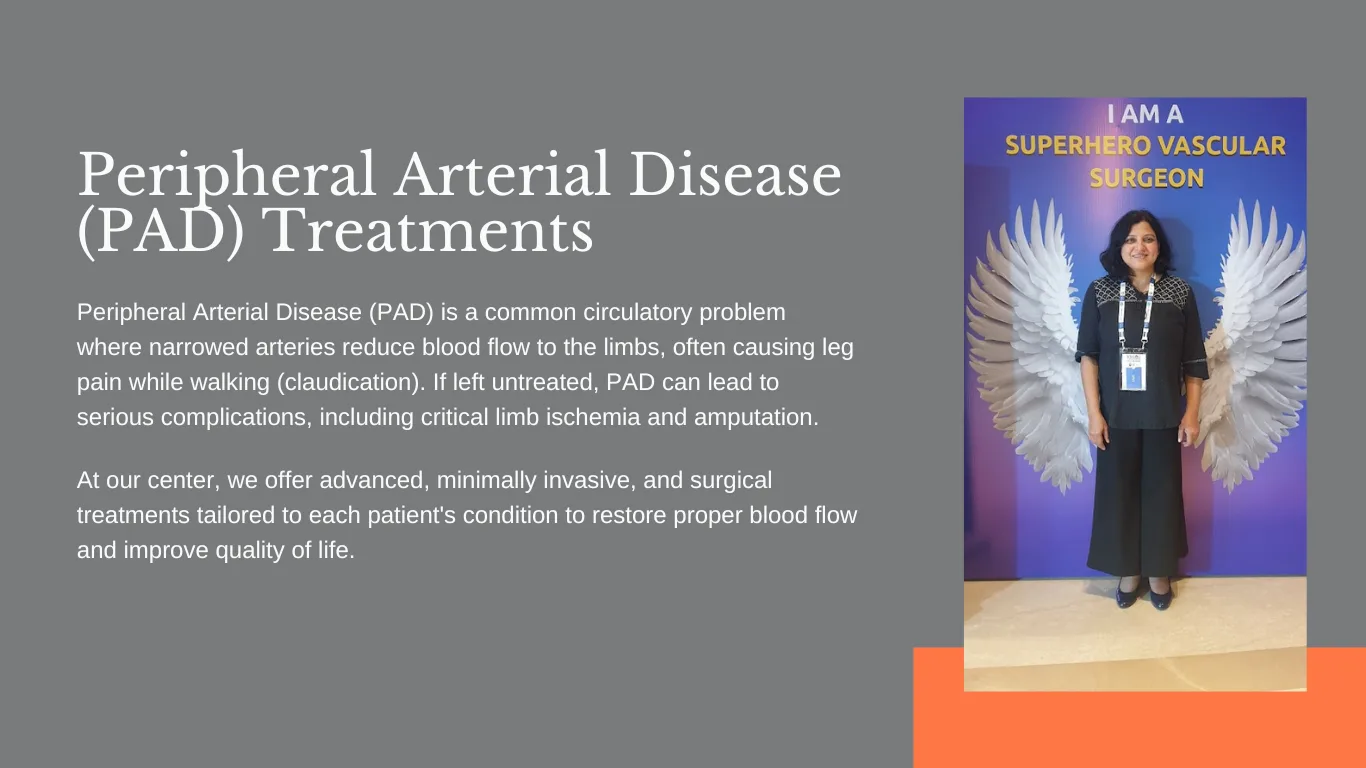 Peripheral arterial disease treatment overview beside a portrait of Dr. (Col) Pranati Swain